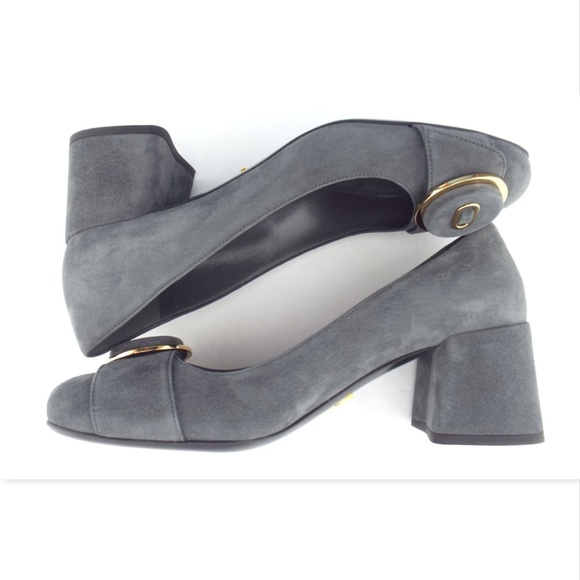 New PRADA Logo Detail Button Accent Ash Gray Suede Leather Block Heel Pumps 36.5 - Picture 6 of 8